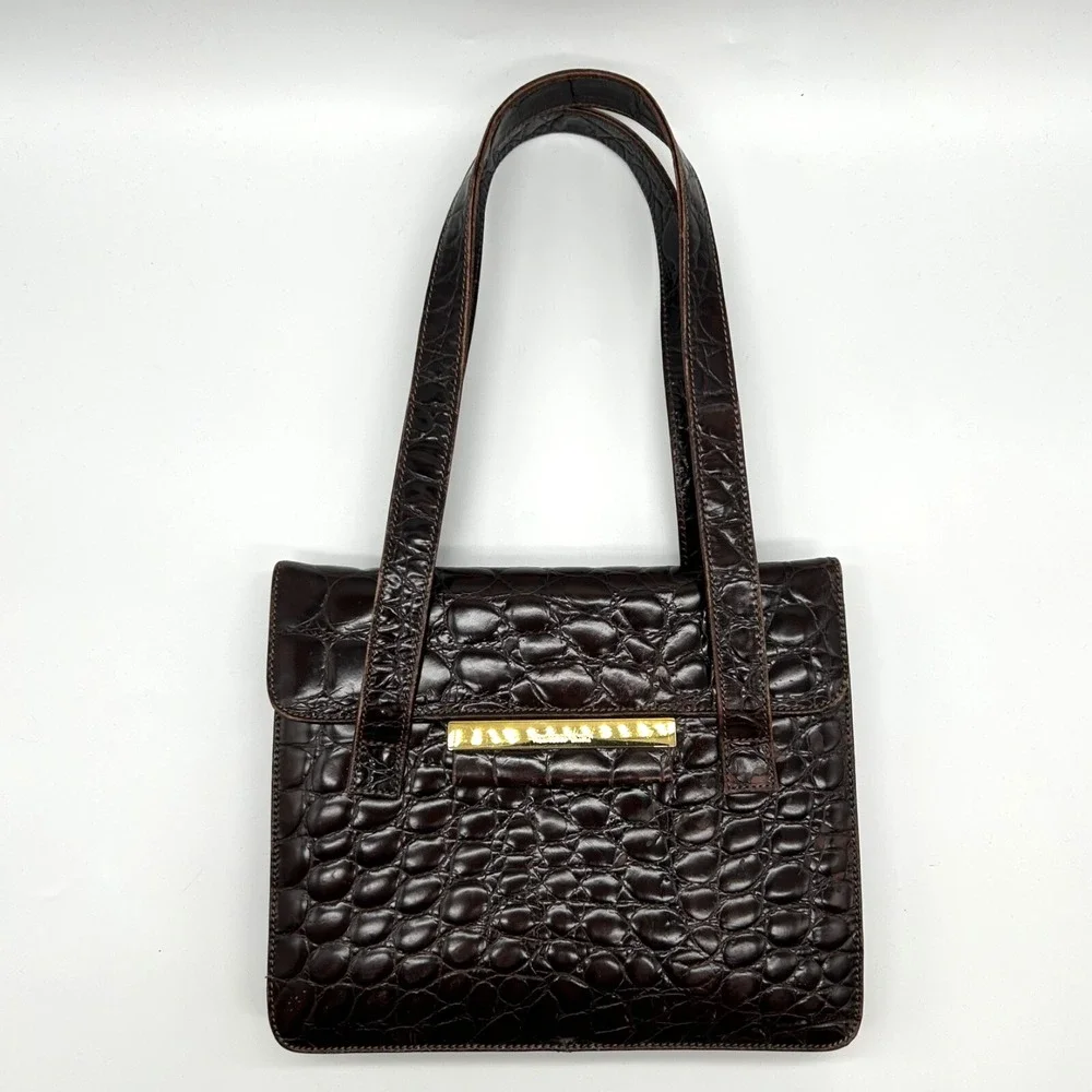 Francesco Biasia Italy Leather Croc Embossed Handbag Shoulder Bag Brown Vintage
